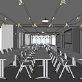Modern Conference Room With Long Tables Chairs Projection Screens And Large Windows