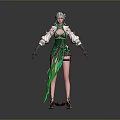 Child Character In Green And White Decorative Outfit With Blue White Hair And Long Boots