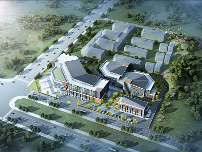Modern Hospital Building Campus With Multiple Structures Landscaped Areas And Roads 3d model