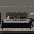 Modern Double Bed With Green Upholstered Headboard Black Frame Wall Niches Nightstand And Table Lamp