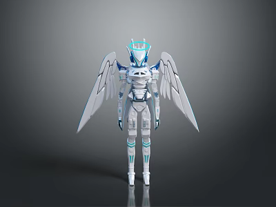 Futuristic White And Blue Mechanical Game Movie Character With Wings And Helmet Design 3d model