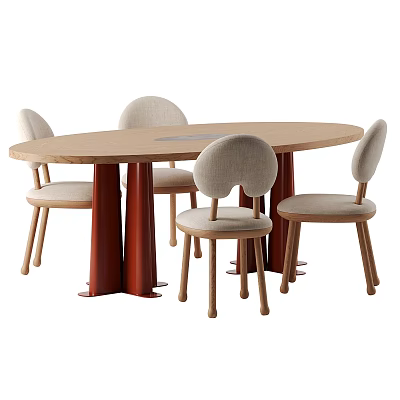 Oval Wooden Dining Table And Four Chairs Set With Red Legs And Curved Backrest Design 3d model