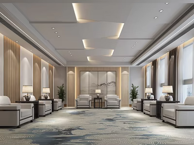 Spacious Hotel Public Lounge With Modern Sofas Coffee Tables Wooden Walls And Decorative Paintings 3d model