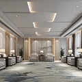 Spacious Hotel Public Lounge With Modern Sofas Coffee Tables Wooden Walls And Decorative Paintings