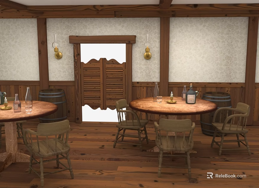 Rustic Country Dining Interior With Wooden Tables Chairs Barrels And Shutters 3d model 