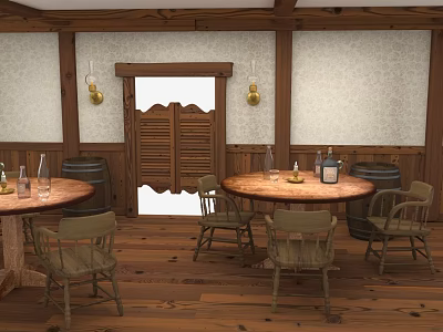 Rustic Country Dining Interior With Wooden Tables Chairs Barrels And Shutters 3d model