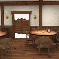Rustic Country Dining Interior With Wooden Tables Chairs Barrels And Shutters