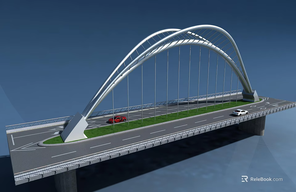 Modern White Arched Bridge With Cars On Deck And Blue Sky Background 3d model 
