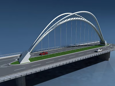 Modern White Arched Bridge With Cars On Deck And Blue Sky Background 3d model