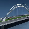 Modern White Arched Bridge With Cars On Deck And Blue Sky Background
