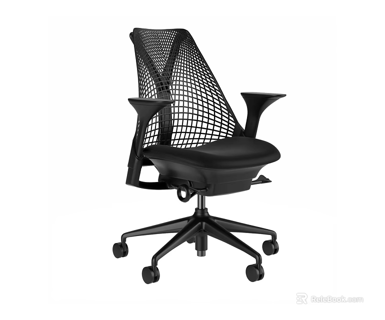 Modern Black Office Chair With Mesh Backrest Armrests And Wheeled Base 3d model 