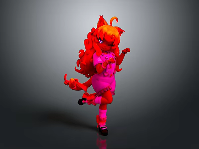 Red Doll With Curly Hair In Pink Clothes And One Foot Lifted On Gray Background 3d model