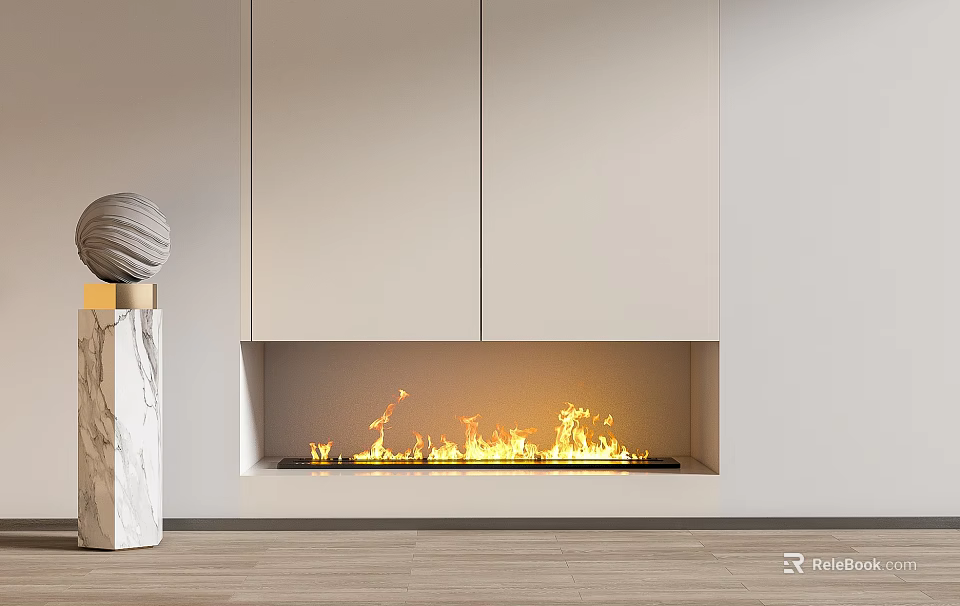 Modern Minimalist Fireplace Interior With Built in White Cabinets And Flames 3d model 
