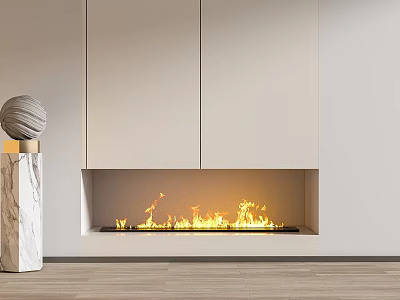 Modern Minimalist Fireplace Interior With Built in White Cabinets And Flames 3d model
