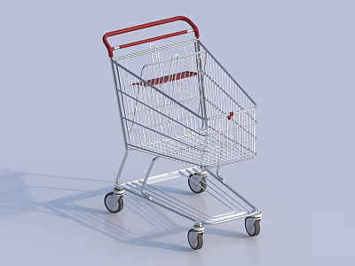 Public Facility Shopping Cart Featuring Red Handle Metal Frame And Four Wheels For Supermarkets 3d model