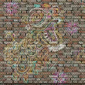 Colorful Decorative Lights Featuring Lion Dance Figures Neon Lanterns Firecrackers And Patterns On Brick Wall