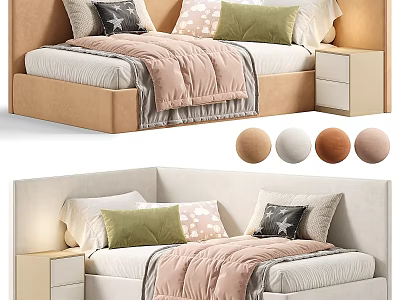 Kids Bed with Upholstered Headboard Colorful Pillows Cozy Quilt Side Nightstand Multiple Color Options 3d model