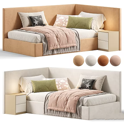 Kids Bed with Upholstered Headboard Colorful Pillows Cozy Quilt Side Nightstand Multiple Color Options 3d model
