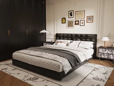 Luxurious Bedroom Design Featuring Black Leather Headboard White Gray Bedding Decorative Paintings And Patterned Rug 3d model