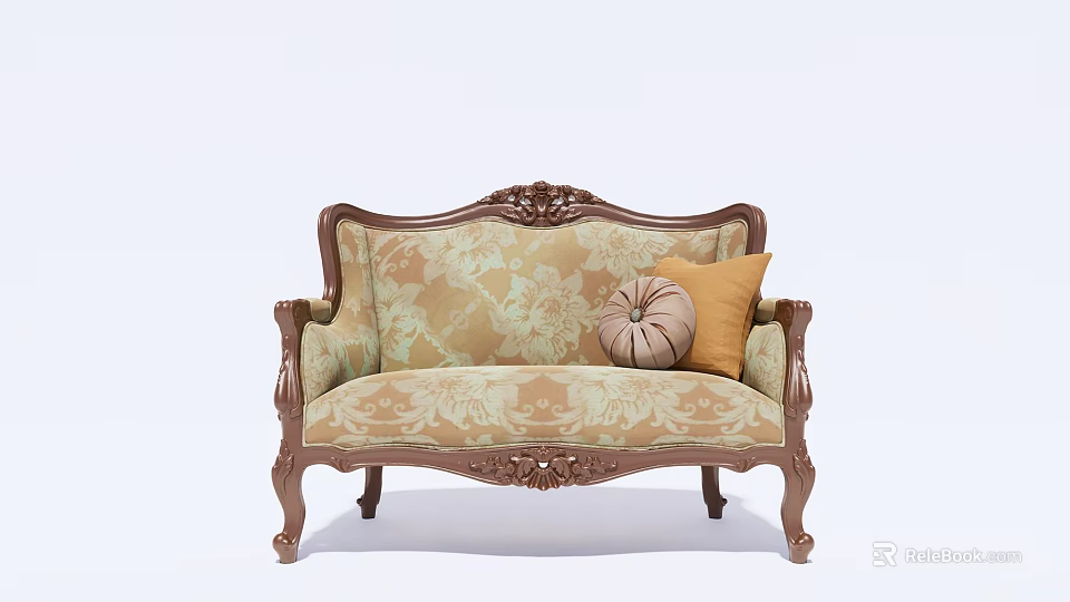 Classic Multi Person Sofa With Ornate Carved Wooden Frame Floral Pattern Upholstery And Decorative Pillows 3d model 