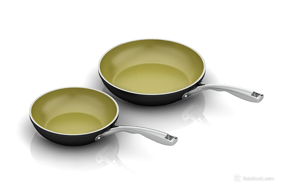Kitchen Cookware Frying Pans Set With Black Exterior Yellow Interior And Silver Handles 3d model 