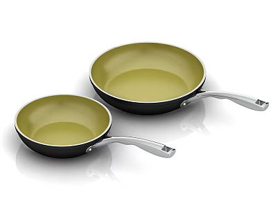 Kitchen Cookware Frying Pans Set With Black Exterior Yellow Interior And Silver Handles 3d model