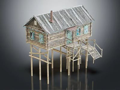 Stilted Log Cabin With Gray Wooden Shingle Roof Windows And Blue Door And Wooden Staircase 3d model