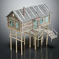 Stilted Log Cabin With Gray Wooden Shingle Roof Windows And Blue Door And Wooden Staircase