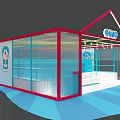 Bright Retail Store Interior Design With Red Frame Blue Shelves And Display Stand