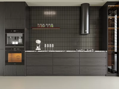 Modern Dark Gray Kitchen Sideboard With Black Tile Backsplash Open Shelf Glassware And Built-in Appliances 3d model