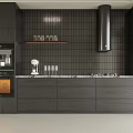 Modern Dark Gray Kitchen Sideboard With Black Tile Backsplash Open Shelf Glassware And Built-in Appliances