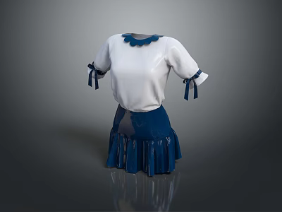 White Blouse With Blue Collar Trim And Bow Cuffs Paired With Blue Pleated Skirt 3d model