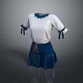 White Blouse With Blue Collar Trim And Bow Cuffs Paired With Blue Pleated Skirt