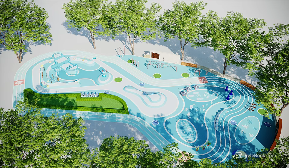 Outdoor Playground With Colorful Water Slides Green Lawn And Surrounding Trees Interactive Areas 3d model 