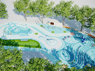 Outdoor Playground With Colorful Water Slides Green Lawn And Surrounding Trees Interactive Areas 3d model