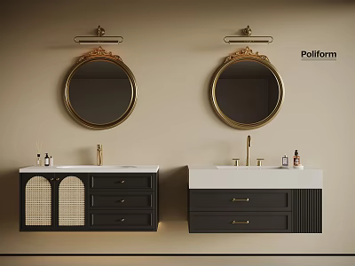 Elegant Black Bathroom Vanity With Gold Faucet Round Mirror Lattice Door And Storage Drawers 3d model