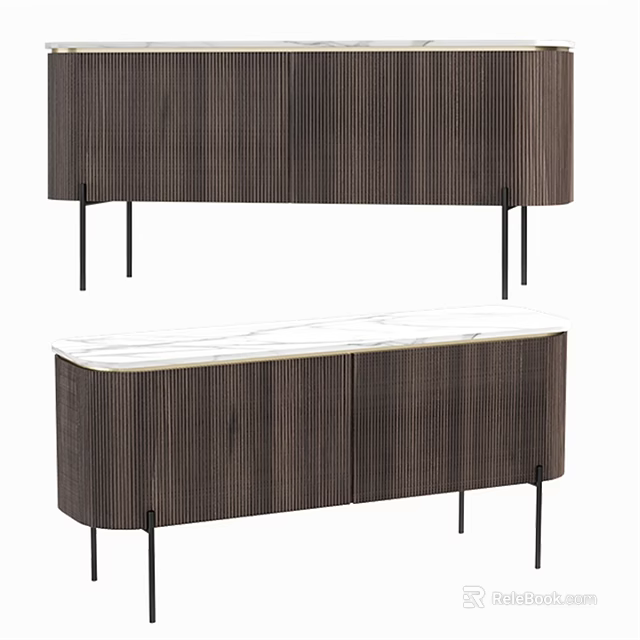 Modern Wooden Dresser with Vertical Stripes Marble Top and Black Slim Legs 3d model 
