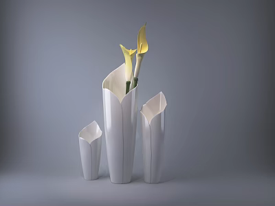 Three White Modern Vases With Yellow Calla Lilies On Gray Background 3d model