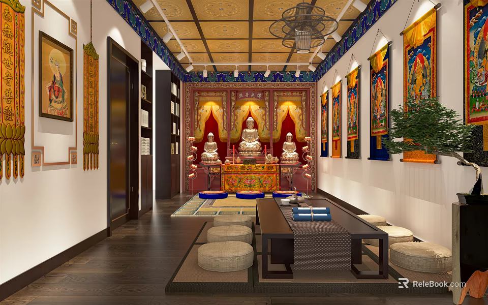 Buddhist Religious Worship Space With Buddha Statues Red Backdrops Thangka Paintings Wooden Table And Cushions 3d model 