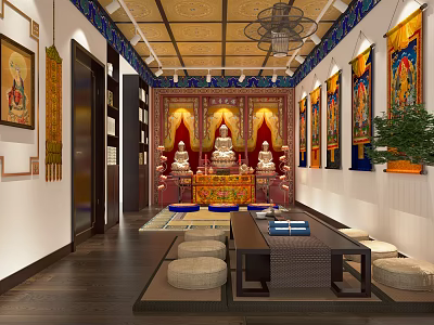 Buddhist Religious Worship Space With Buddha Statues Red Backdrops Thangka Paintings Wooden Table And Cushions 3d model