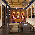 Buddhist Religious Worship Space With Buddha Statues Red Backdrops Thangka Paintings Wooden Table And Cushions