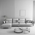 Gray L shaped Sofa with White and Orange Cushions and Round Coffee Table Set 3d model