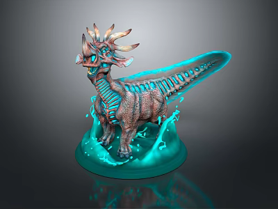 Detailed Fantasy Creature 3D Sculpture With Horned Head And Glowing Blue Liquid Base 3d model