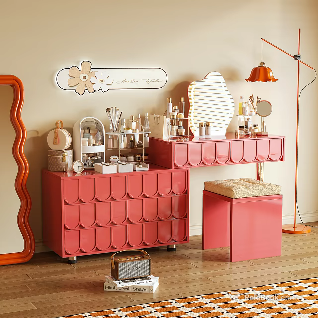 Pink Dressing Table With Petal Shaped Drawers Cosmetics Mirror And Neon Flower Sign 3d model 