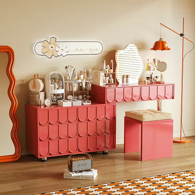 Pink Dressing Table With Petal Shaped Drawers Cosmetics Mirror And Neon Flower Sign 3d model