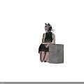 Woman With Cat Ears And Headphones Kneeling By White Cube In Green Dress