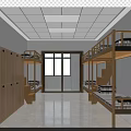 Bright Dormitory Room Interior Featuring Bunk Beds Wooden Lockers And Windows