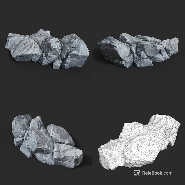 Natural Gray Stone Rocks With Rough Surface Texture And 3D Wireframe Model 3d model 