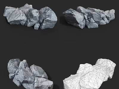 Natural Gray Stone Rocks With Rough Surface Texture And 3D Wireframe Model 3d model