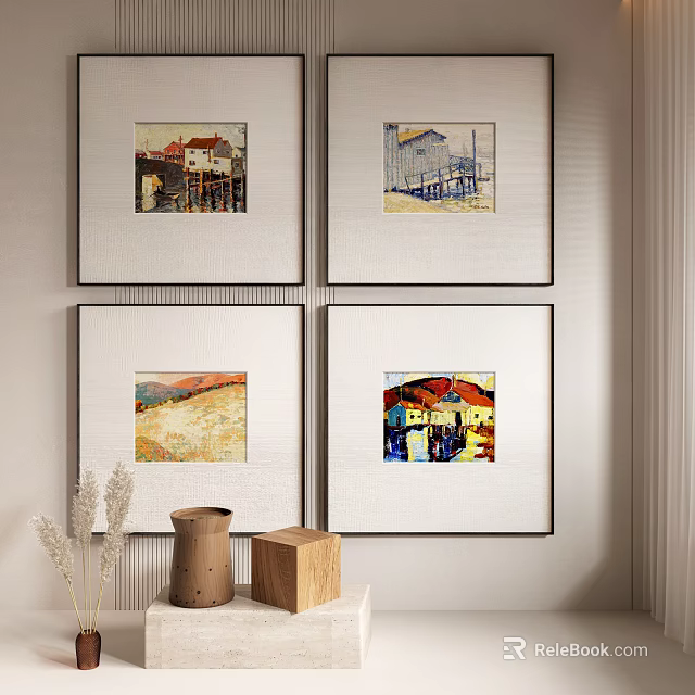 Four Framed Landscape Paintings As Wall Art With Decorative Wooden Block And Dried Plants 3d model 